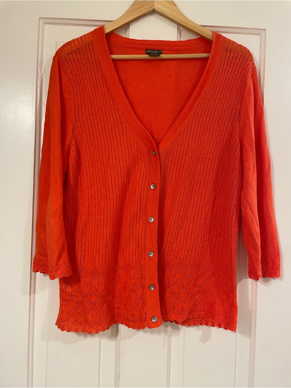 Eddie Bauer Coral Orange Open Stitch Knit V-Neck Cardigan Sweater - XL
